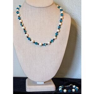 Blue Crystal Bicone, Black Glass & Pearl Bead Necklace & Bracelet Set